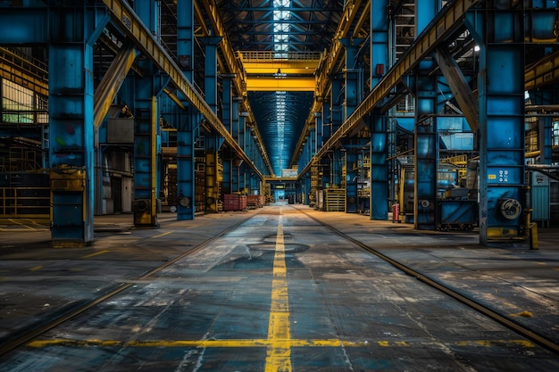 Photo rusty factory building interior with blue and yellow steel beams