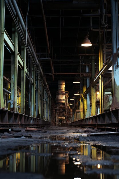 Rusty factory building interior with puddles on the floor