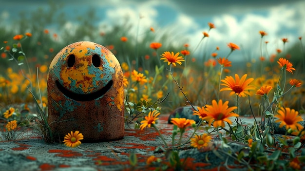 Rusty Happy Face Stone Amongst Orange Wildflowers