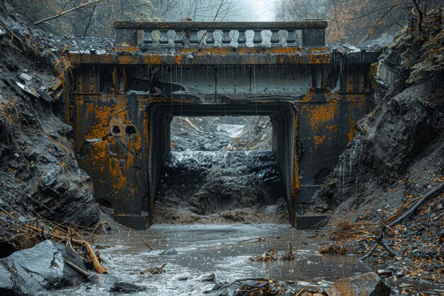 Rusty industrial structure forming a tunnellike passage over a water stream