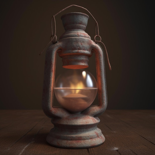 A rusty lantern with a light on it is lit up