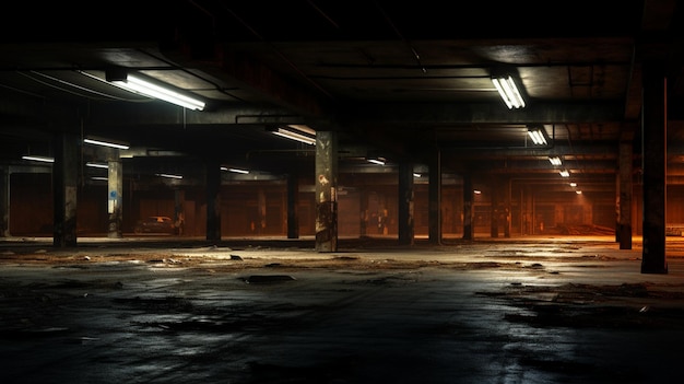 Rusty low lighting parking garage in Post apocalyptic