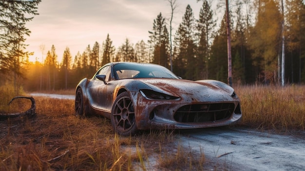 A rusty mazda mx - 5 with a sunset in the background