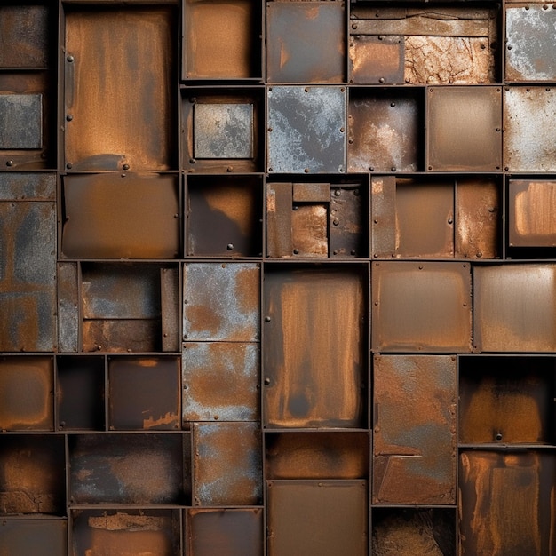 rusty metal boxes stacked on top of each other in a room generative ai