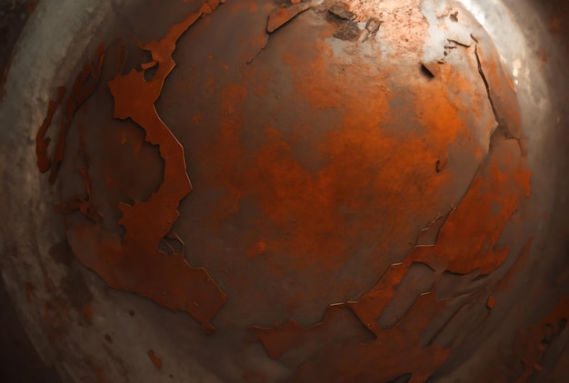 A rusty metal globe with a red background