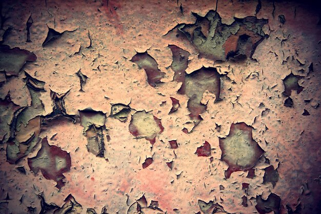 Rusty metal sheet surface coated with decaying paint