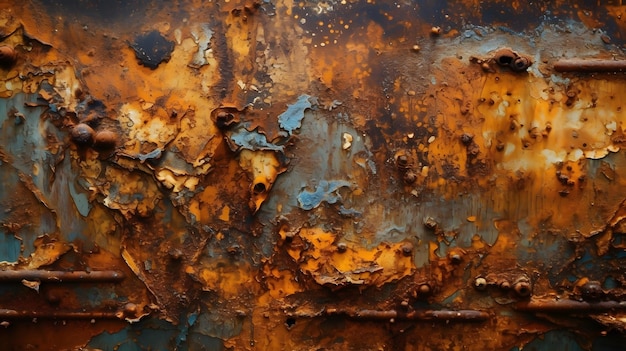 Rusty metal surface captured in a closeup shot displaying a chaotic texture Generative AI