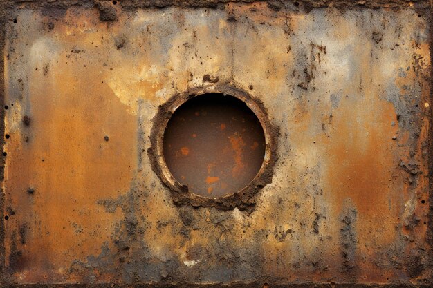 A rusty metal surface with a hole in it