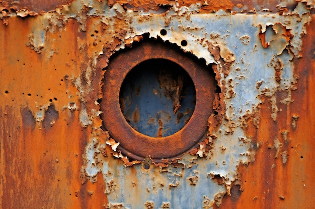 A rusty metal surface with a hole in it