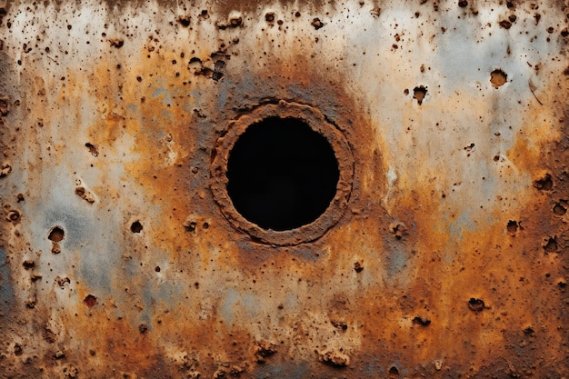 A rusty metal surface with a hole in it
