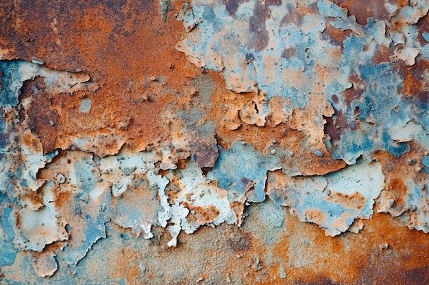 Foto un muro di metallo arrugginito con una trama di vernice blu e arancione.