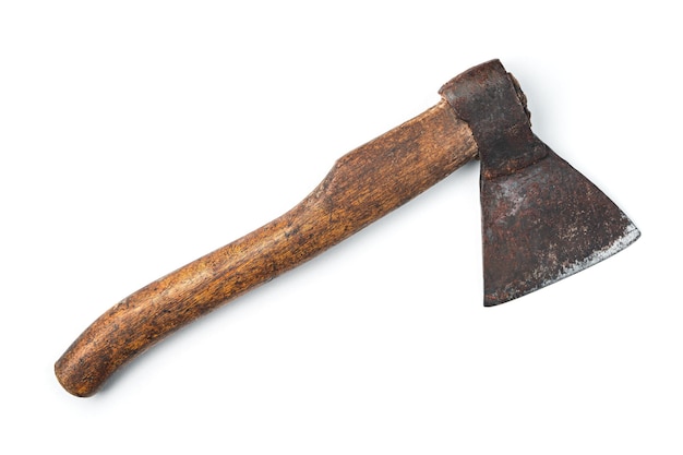 A rusty, old axe with a wooden handle is isolated on a white background. Horizontal orientation.