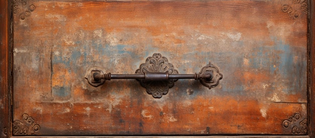 Rusty old brown wooden door handle on iron frame with grungy style texture