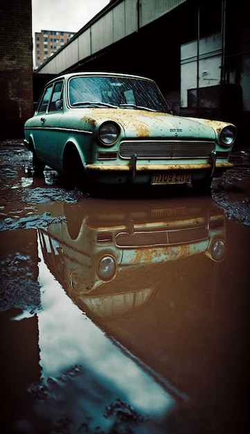 A rusty old car is parked in a puddle of water.