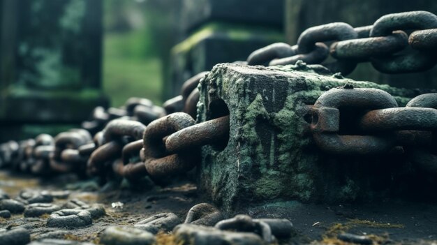 Photo rusty old chains attached to an ancient tomb