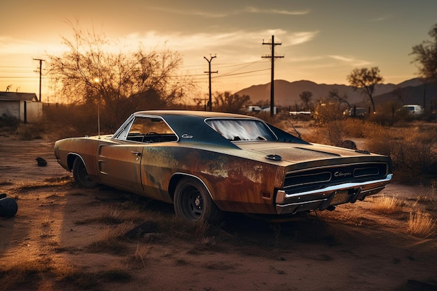 A rusty old dodge charger car sits in a desert.