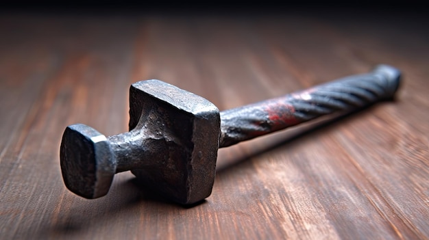 A rusty old hammer laying on a wooden surface with a red stain on it.