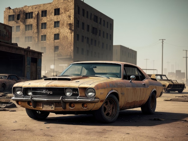 A rusty old muscle car is parked in a junkyard.