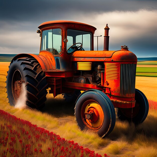 Rusty old tractor on the field