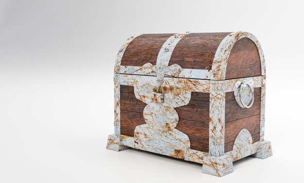 Rusty old treasure box or wooden treasure chest Isolated on white background and wallpaper 3D Render