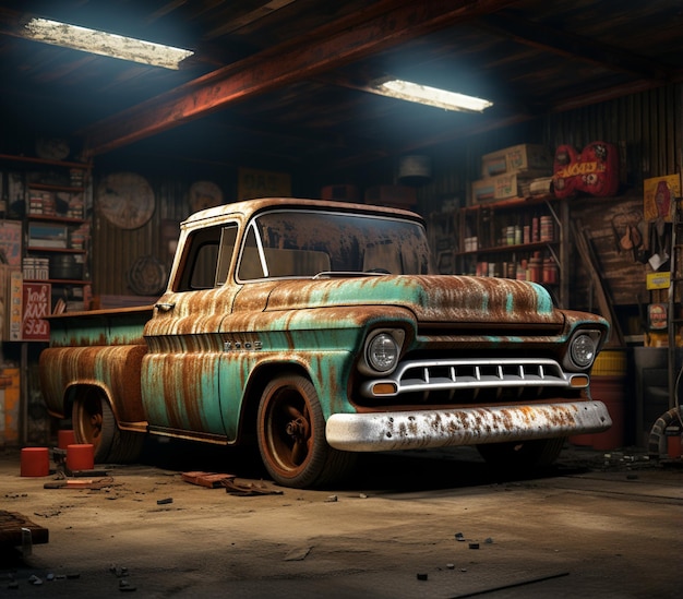 rusty old truck in a garage with a lot of junk generative ai