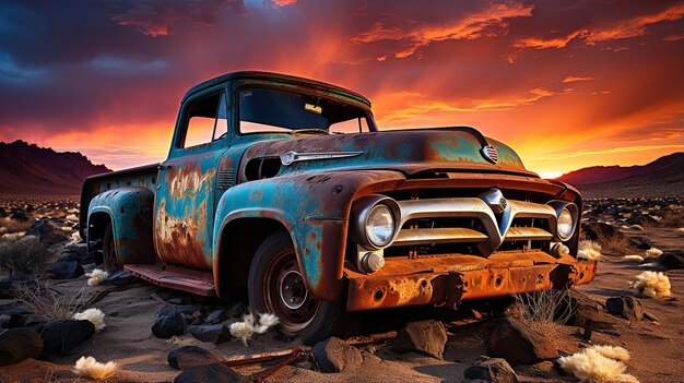 Photo a rusty old truck is parked in a desert with a sunset in the background