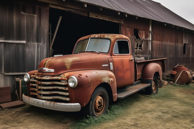 A rusty old truck parked in front of a barn