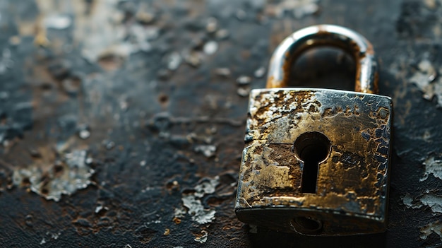 Rusty padlock on a textured dark surface