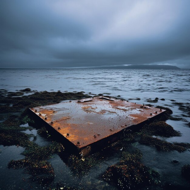 a rusty piece of metal sits in the water.