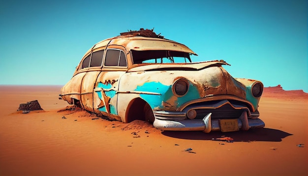 Rusty retro car in the desert Generative AI