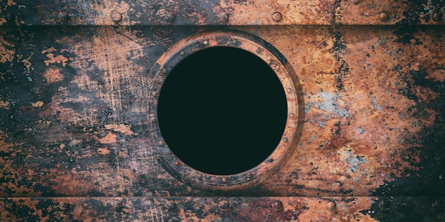 Rusty submarine porthole metal background 3d illustration