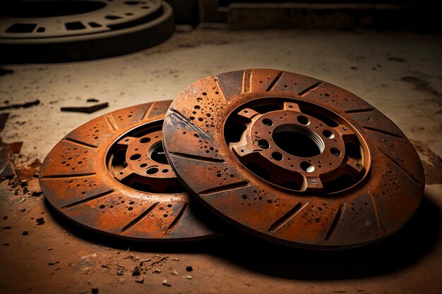 Rusty used brake discs lie in garage on floor