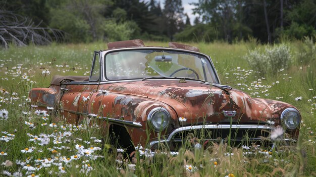 Photo a rusty vintage car sits abandoned in a field of daisies