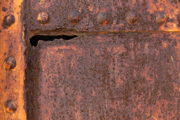 Rusty weathered metal texture with steel rivets background