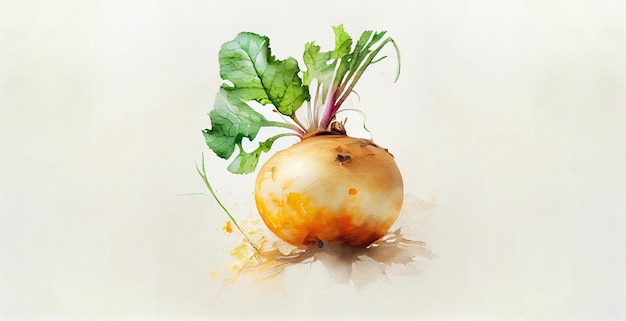 Rutabaga. Watercolor on white paper background. Illustration of vegetables and greens