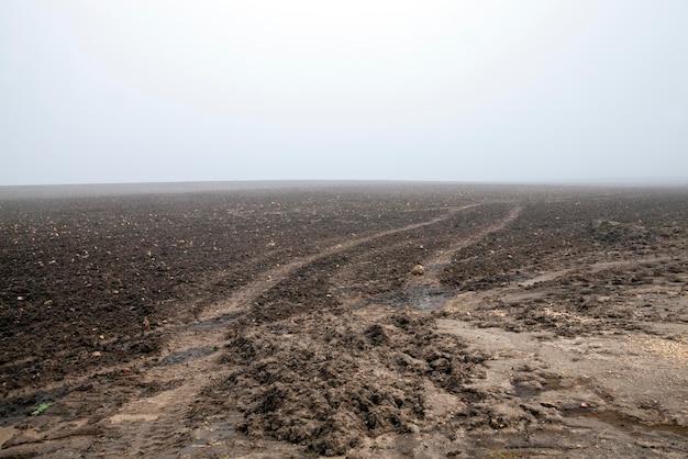 Ruts on the road for cars in the field in autumn after rains