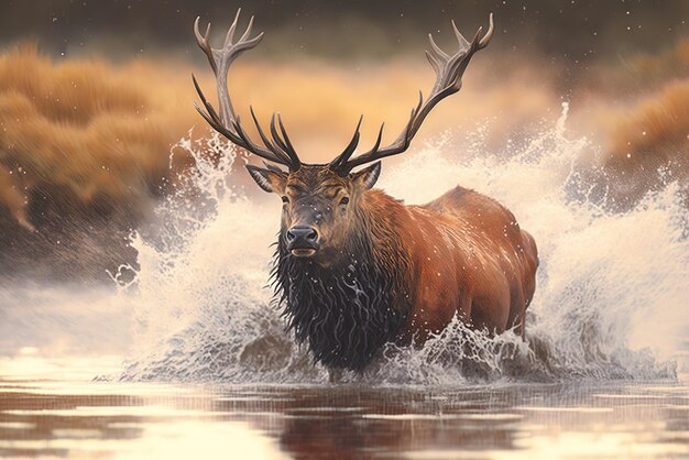 During the rutting season a male red deer cervus elaphus enjoys a mud bath