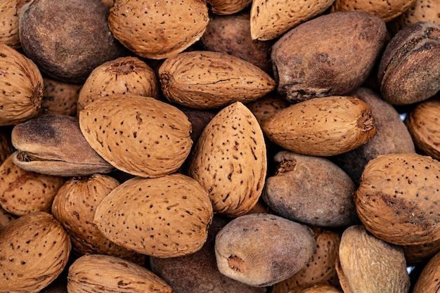 Ruwe amandelschilachtergrond met de hamer van de notenschilkraker