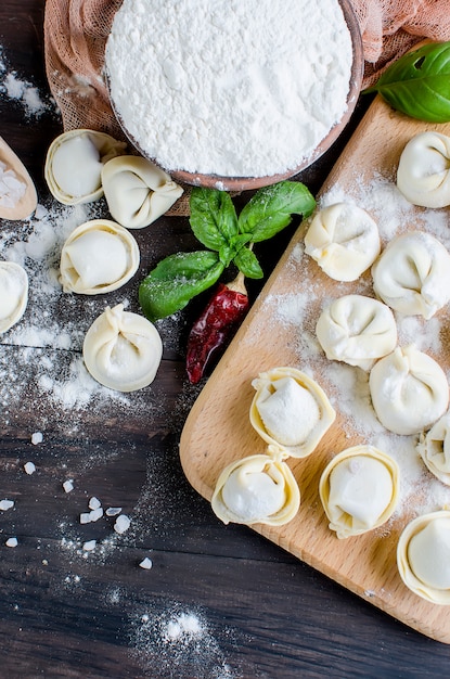 Ruwe dumplings met vlees met bloem op donker