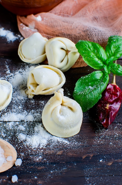 Ruwe dumplings met vlees met bloem op donker