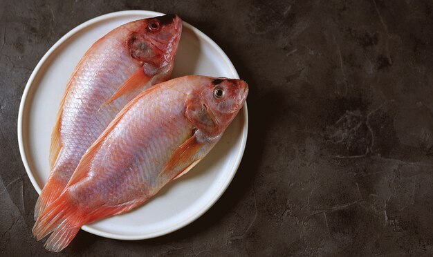 Ruwe en verse tilapia op een witte plaat