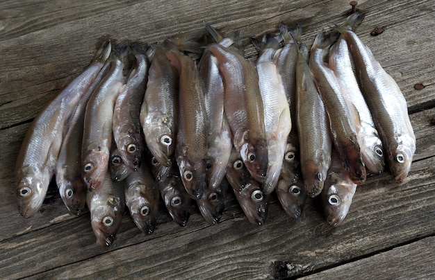 Ruwe ondiepe zoutwatervis - spiering, op het oude bord.