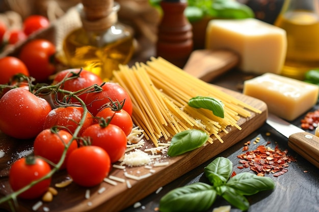 Foto ruwe producten op italiaanse spaghetti