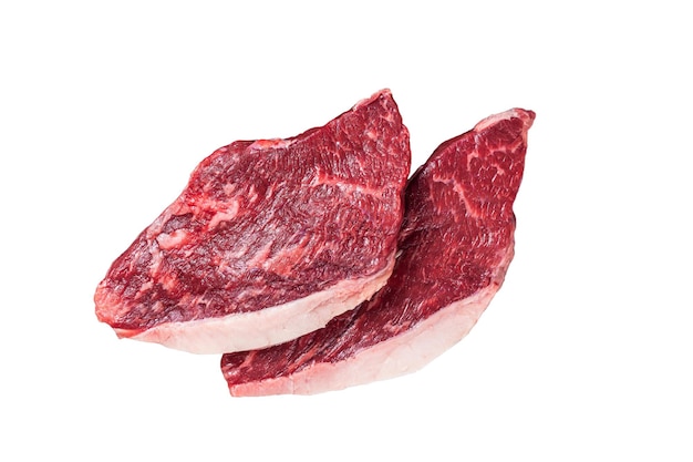 Ruwe top entrecote vlees steak op een slager cleaver cap rump steak geïsoleerd op een witte achtergrond