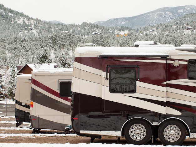 Photo rv campsite in snow at estes park, colorado.