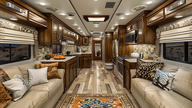 Photo rv interior showcasing a modern kitchen and cozy living area perfect for comfortable travel and homelike accommodations