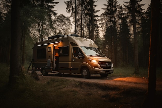 A rv parked on a dirt road at night with the lights on.