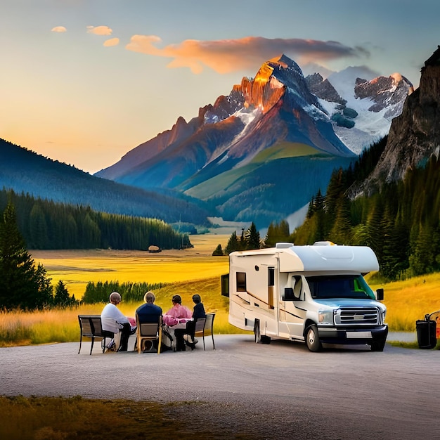 RV with campers outside having a drink