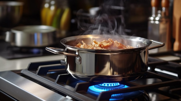 RVS pan op de kookplaat koken op een gasfornuis