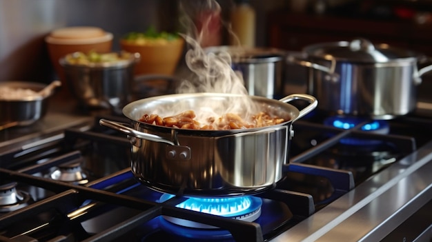 RVS pan op de kookplaat koken op een gasfornuis